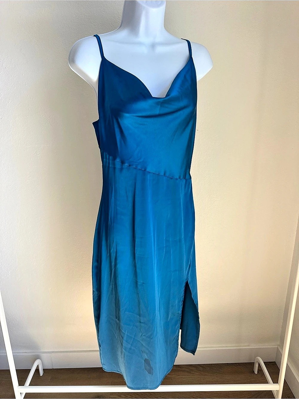 Blue satin cowl neck slit Midi  Dress,  Size Small